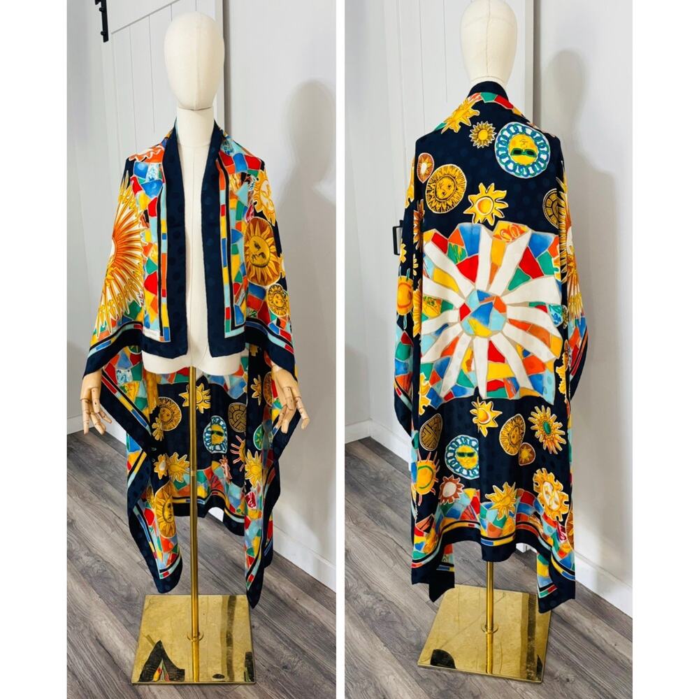 Vintage Louis Feraud Silk Scarf Sun Geometric Multicolor Print 52” X 53”